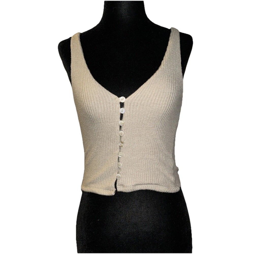 Lulus XS Beige V-Neck Sleeveless Button Up Crop Top